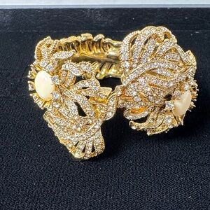 J. CREW Pave Feather Hinged Bangle Gold Ivory Crystal Floral Bracelet Preppy